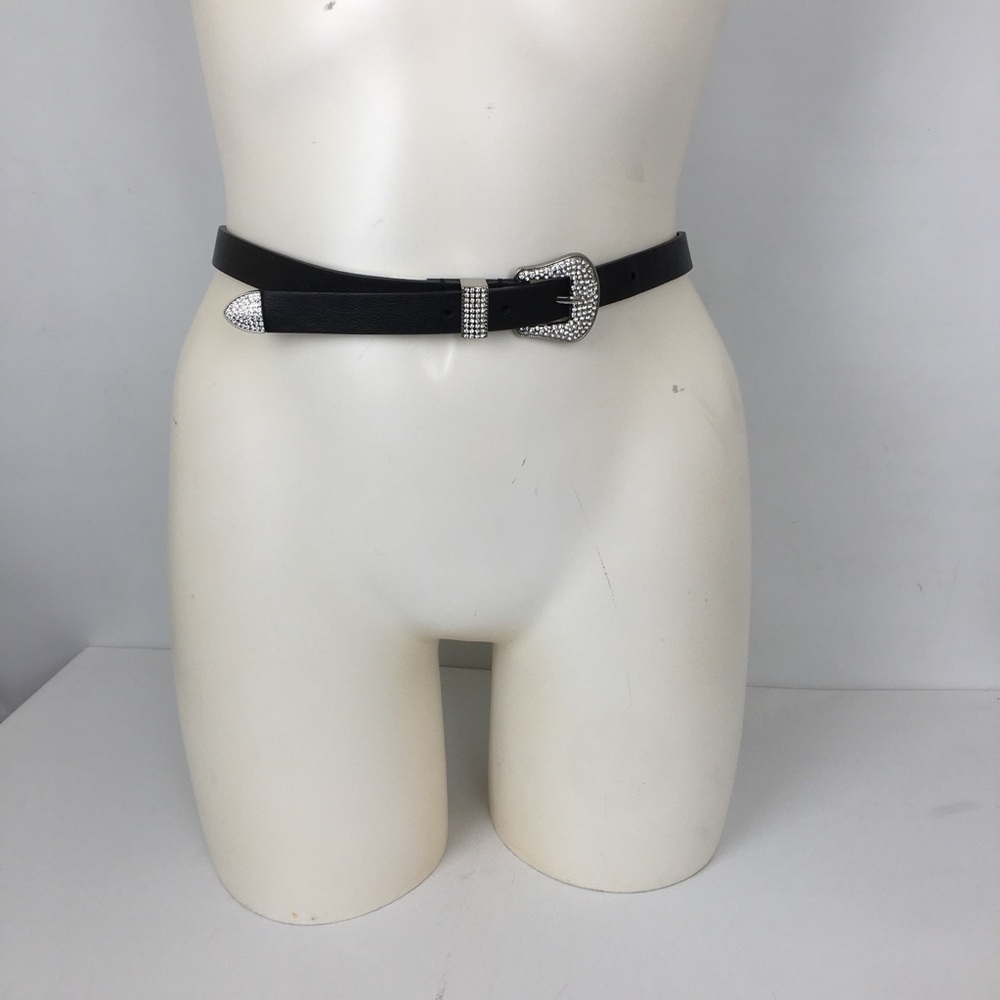Women’s Faux Leather Black Thin Belt with Rhinestone Silver Tone Buckle Size M